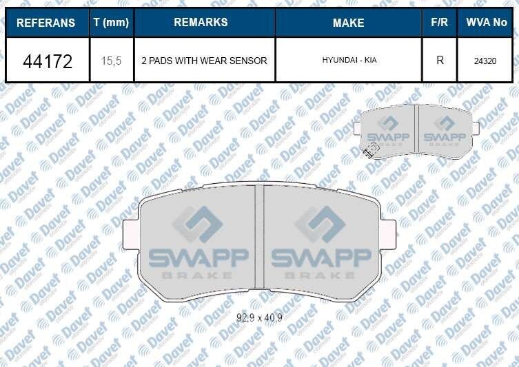 SWAPP 44172 FREN BALATASI ARKA ACCENT ERA 06-> I20 08-15 - I30 07-12 - IX20 10-> IX35 10-> SONATA 10-14 - CEED 06-12 - CERATO 08-> RIO 05-> SPORTAGE 04-11  583020ZA00-583020ZA00-583021GA00-583021HA00