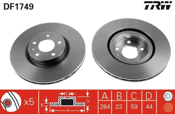 TRW DF1749 ÖN FREN AYNASI OPEL COMBO D 12> FIAT DOBLO 10> EGEA 16> ALFA ROMEO 147 01> 156 97>05 (284 x 22) 95515331-569095-52119576-46445006